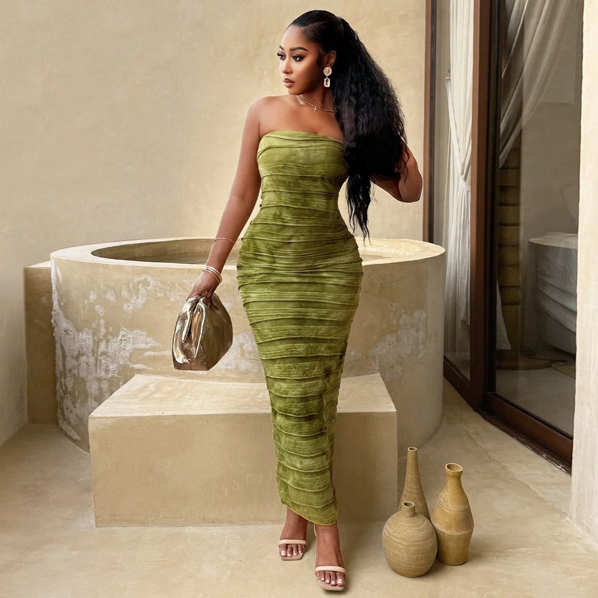 TJ Luxe Olive Ruched Strapless Maxi Dress