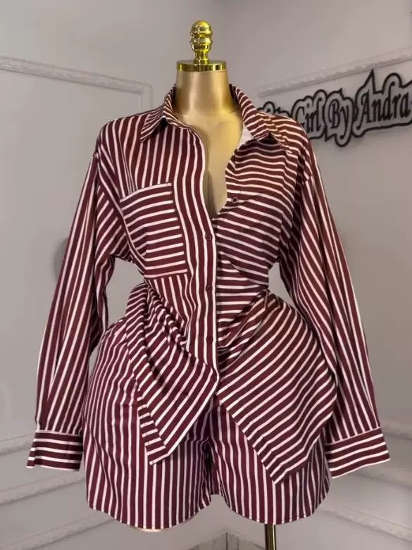 Women’s Striped Two-Piece Shirt & High-Waisted Shorts Set – Brick Red