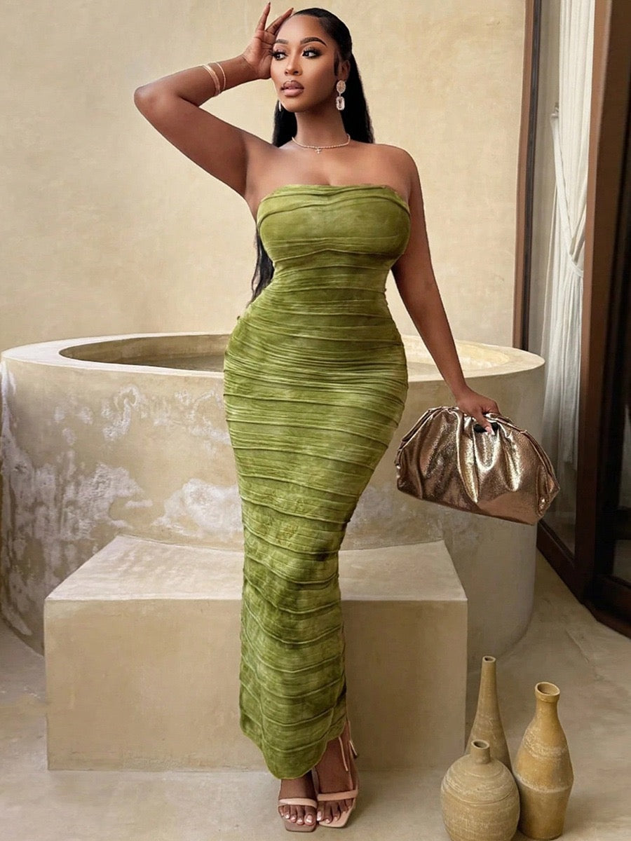 TJ Luxe Olive Ruched Strapless Maxi Dress
