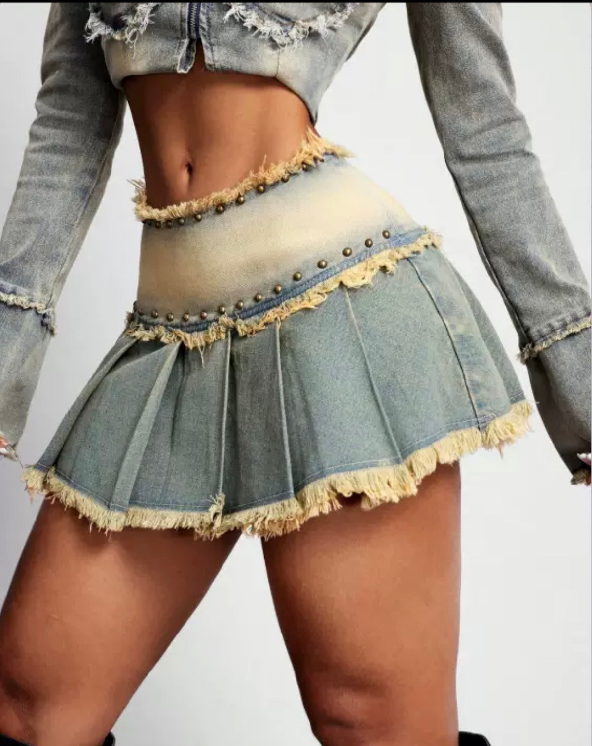 Vintage Frayed Pleated Denim Mini Skirt