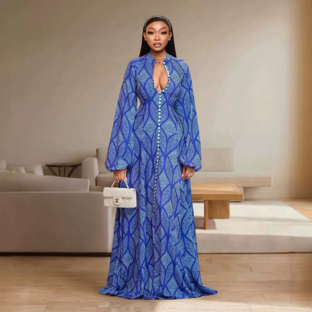 TJ Luxe Elegant Printed Button Front Maxi Dress – Long Sleeve Luxury Women’s Gown