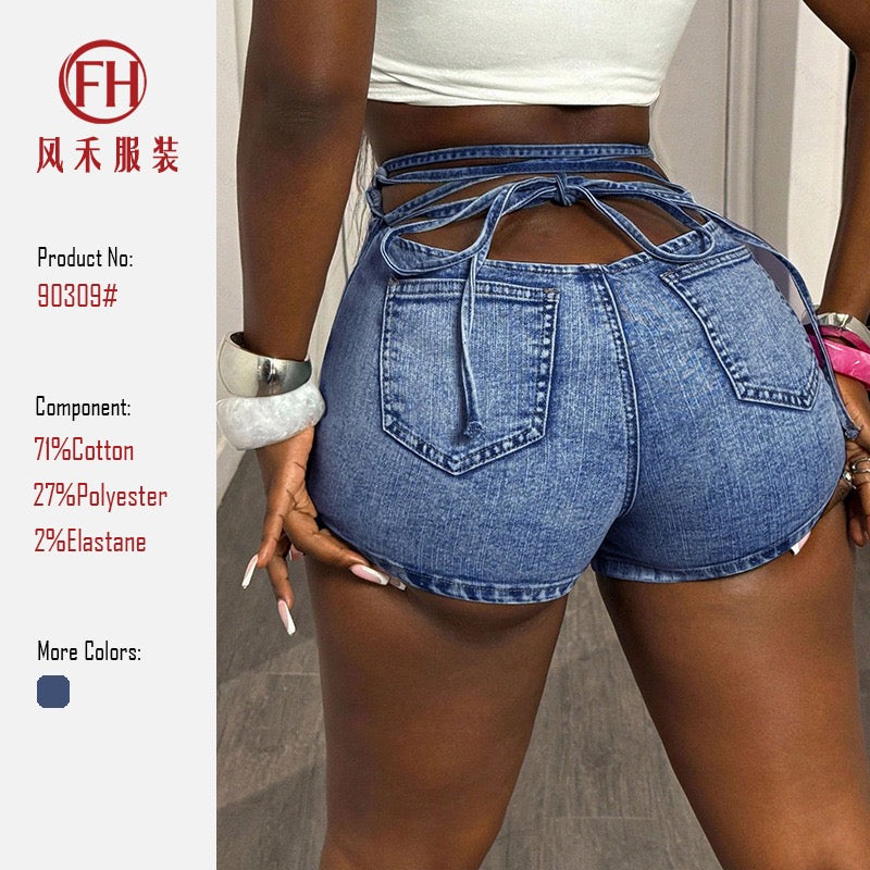High-Waisted Lace-Up Denim Shorts
