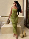 TJ Luxe Olive Ruched Strapless Maxi Dress