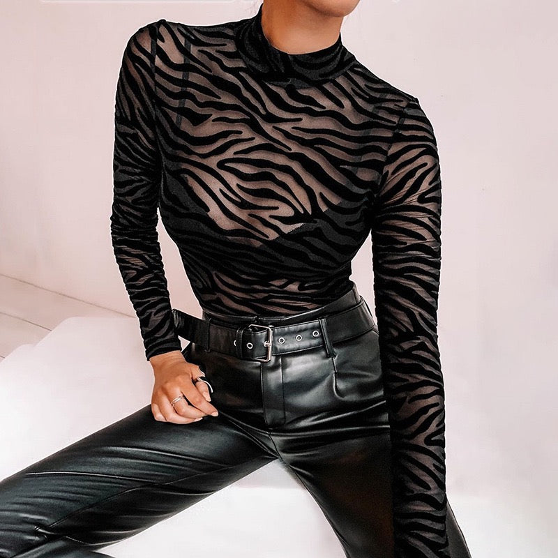 TJ Luxe Zebra Mesh Long Sleeve Bodysuit – Black Sheer Mock Neck Slim Fit