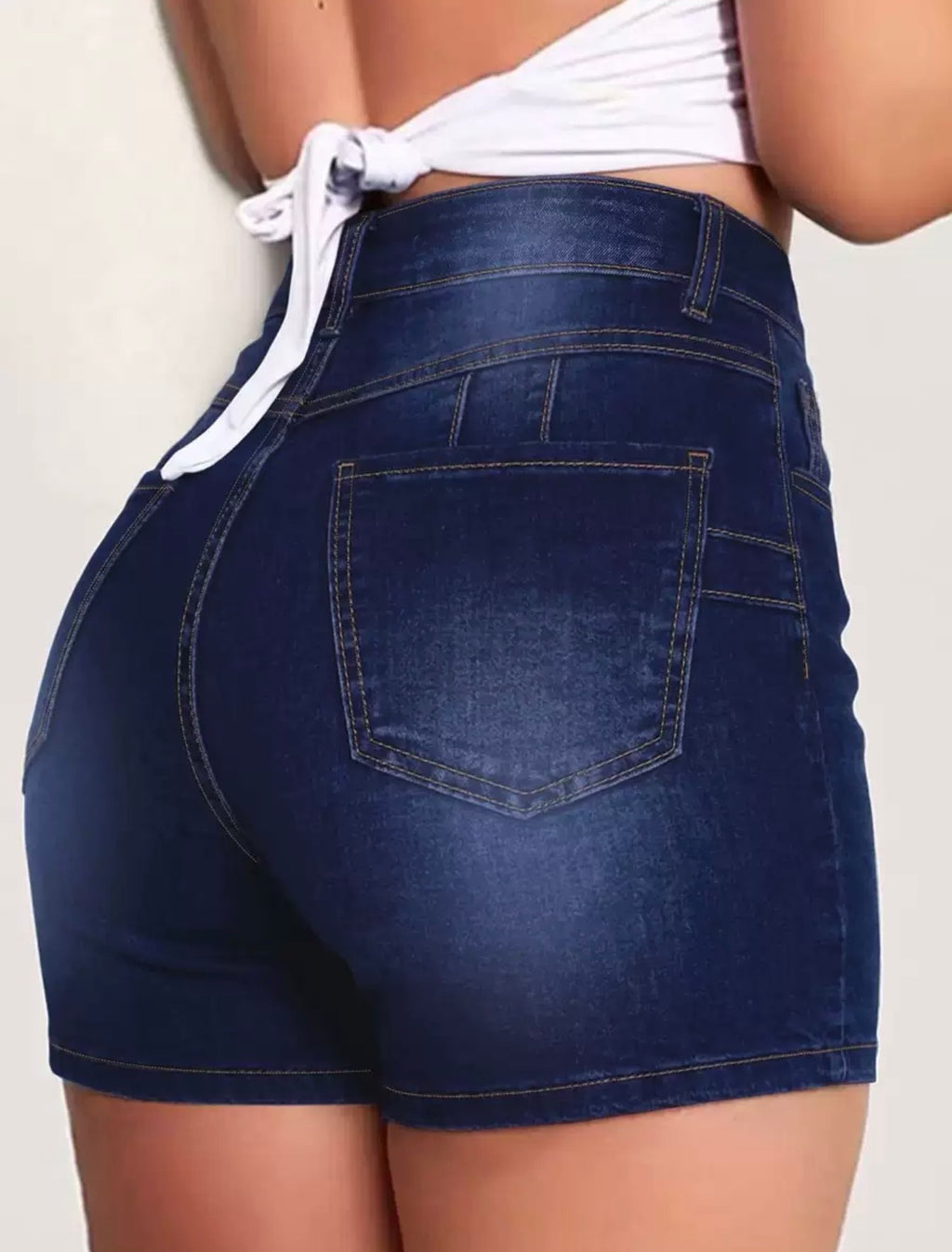 TJ Luxe High-Waist Button Denim Shorts – Dark Blue