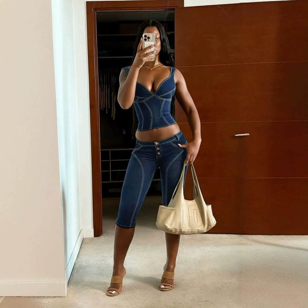 TJ Luxe Denim Corset Capri Set