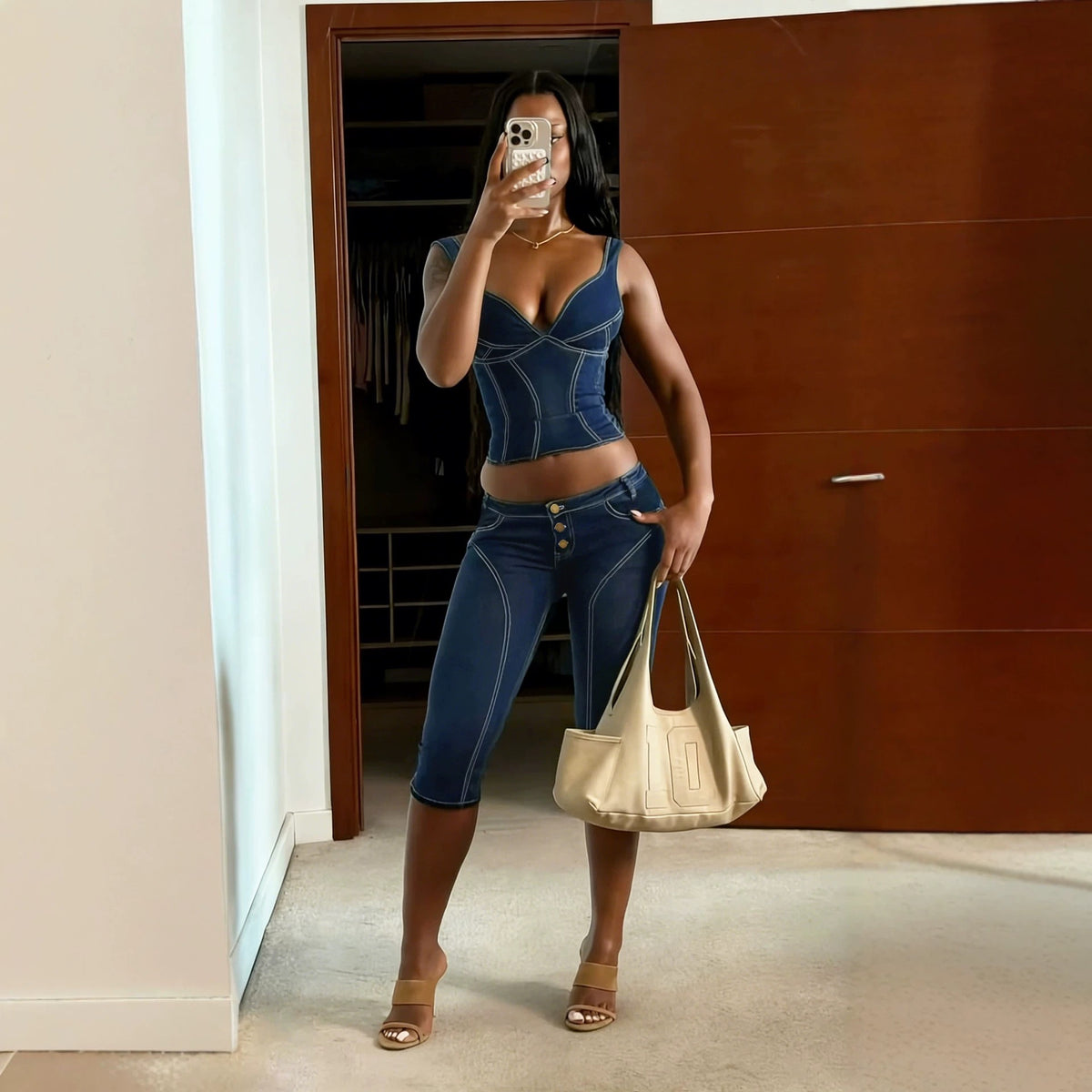 TJ Luxe Denim Corset Capri Set