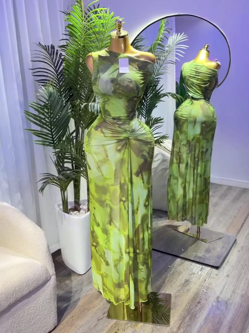 TJ Luxe One-Shoulder Ruched Maxi Dress – Elegant Printed Bodycon Gown