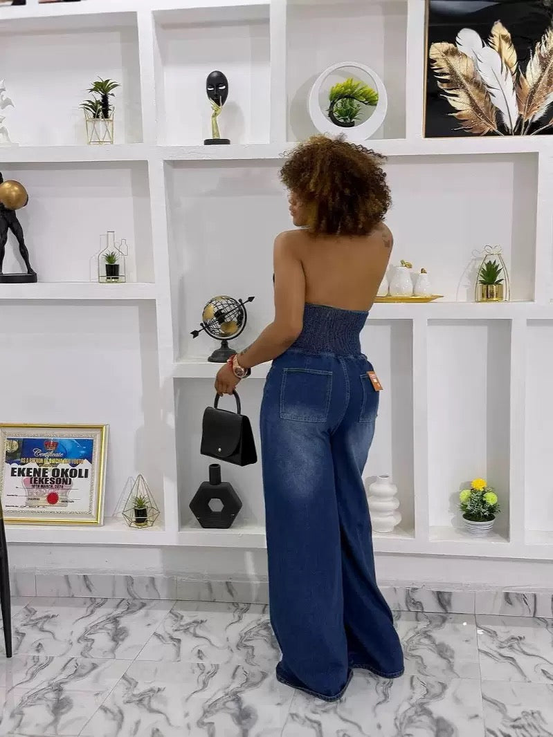 TJ Luxe Backless Denim Halter Wide-Leg Jumpsuit