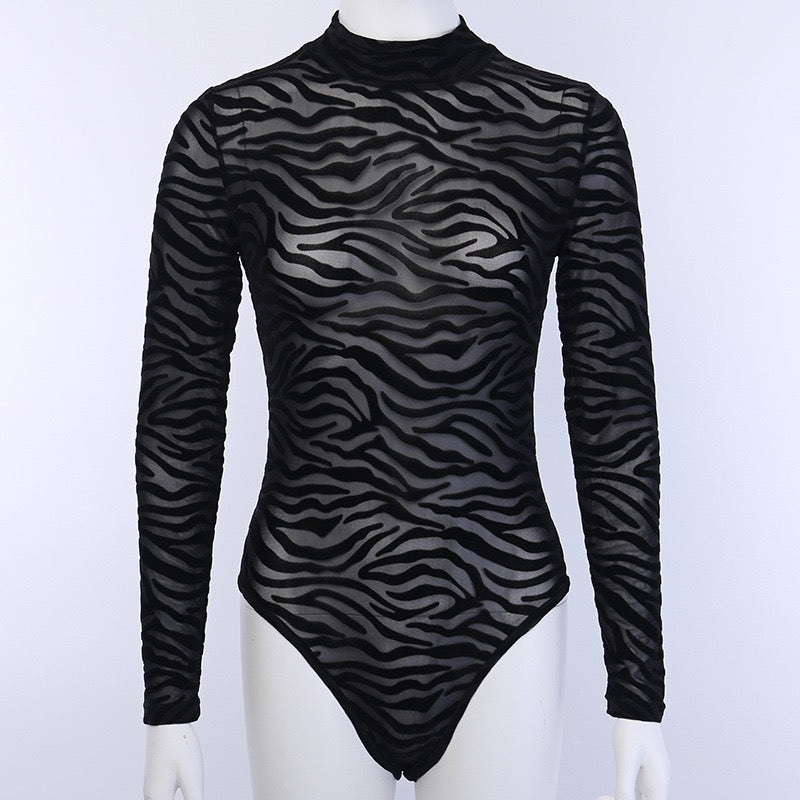 TJ Luxe Zebra Mesh Long Sleeve Bodysuit – Black Sheer Mock Neck Slim Fit