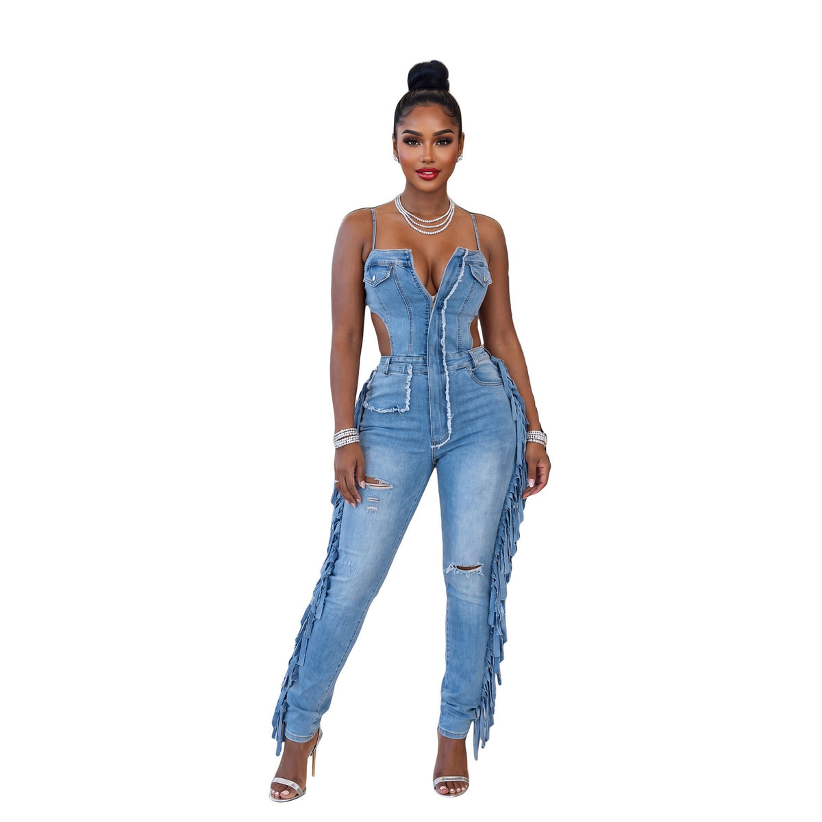 TJ Luxe Fringe Cutout Denim Jumpsuit