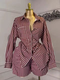 Women’s Striped Two-Piece Shirt & High-Waisted Shorts Set – Brick Red