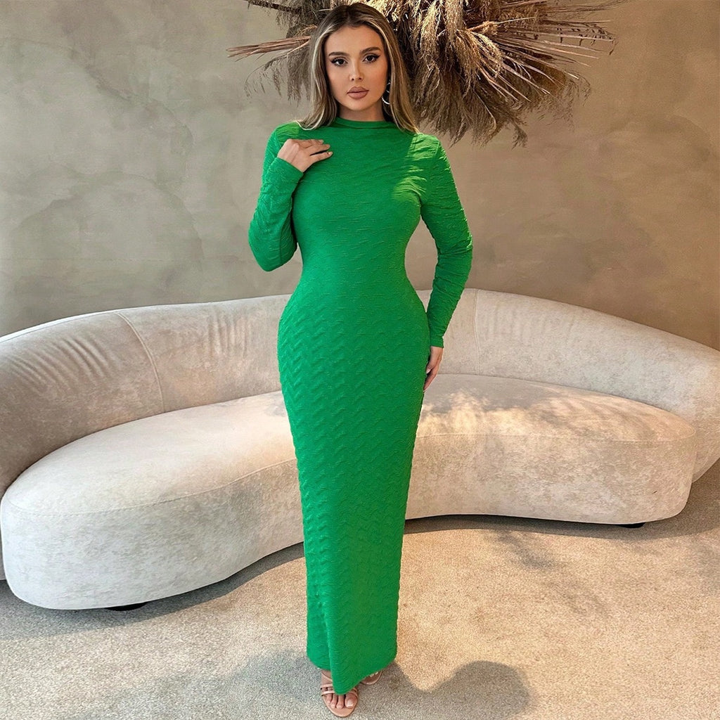Elegant Long Sleeve Bodycon Maxi Dress – Round Neck Stretch Knit
