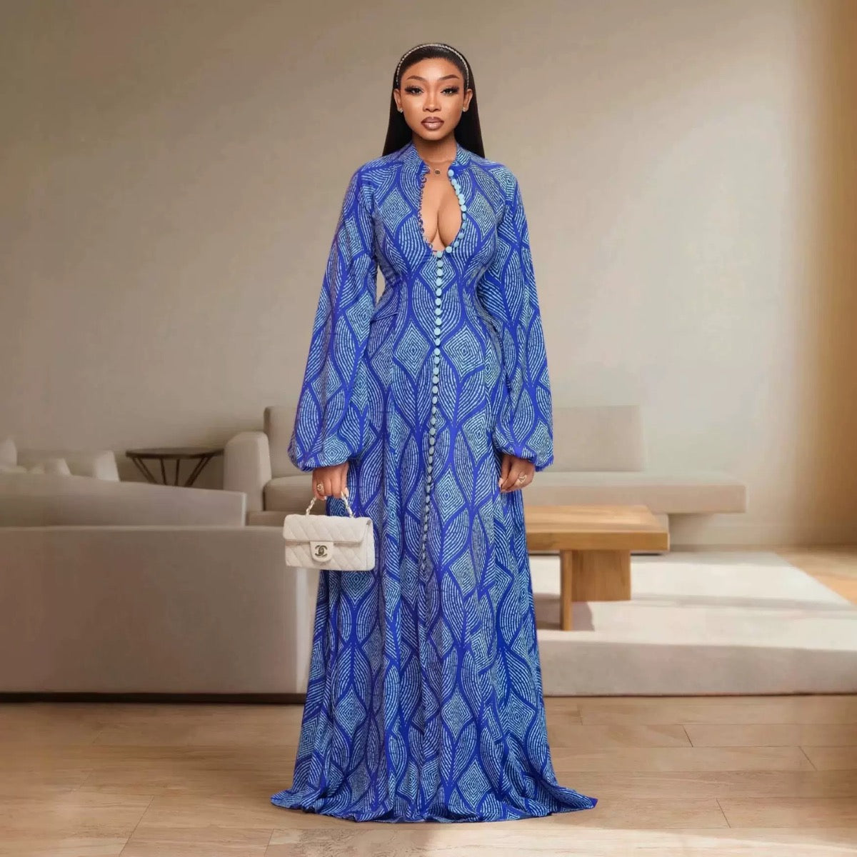 TJ Luxe Elegant Printed Button Front Maxi Dress – Long Sleeve Luxury Women’s Gown