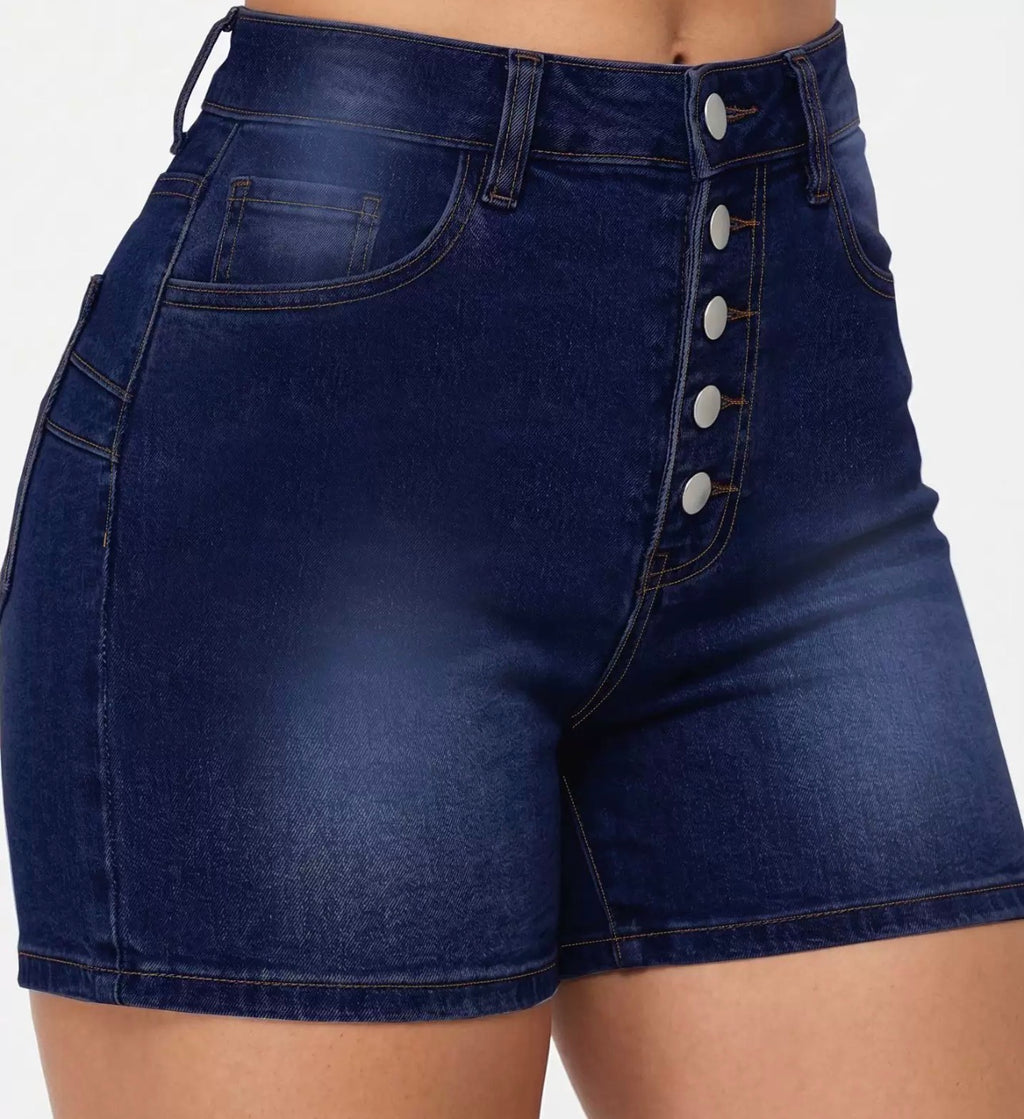 TJ Luxe High-Waist Button Denim Shorts – Dark Blue
