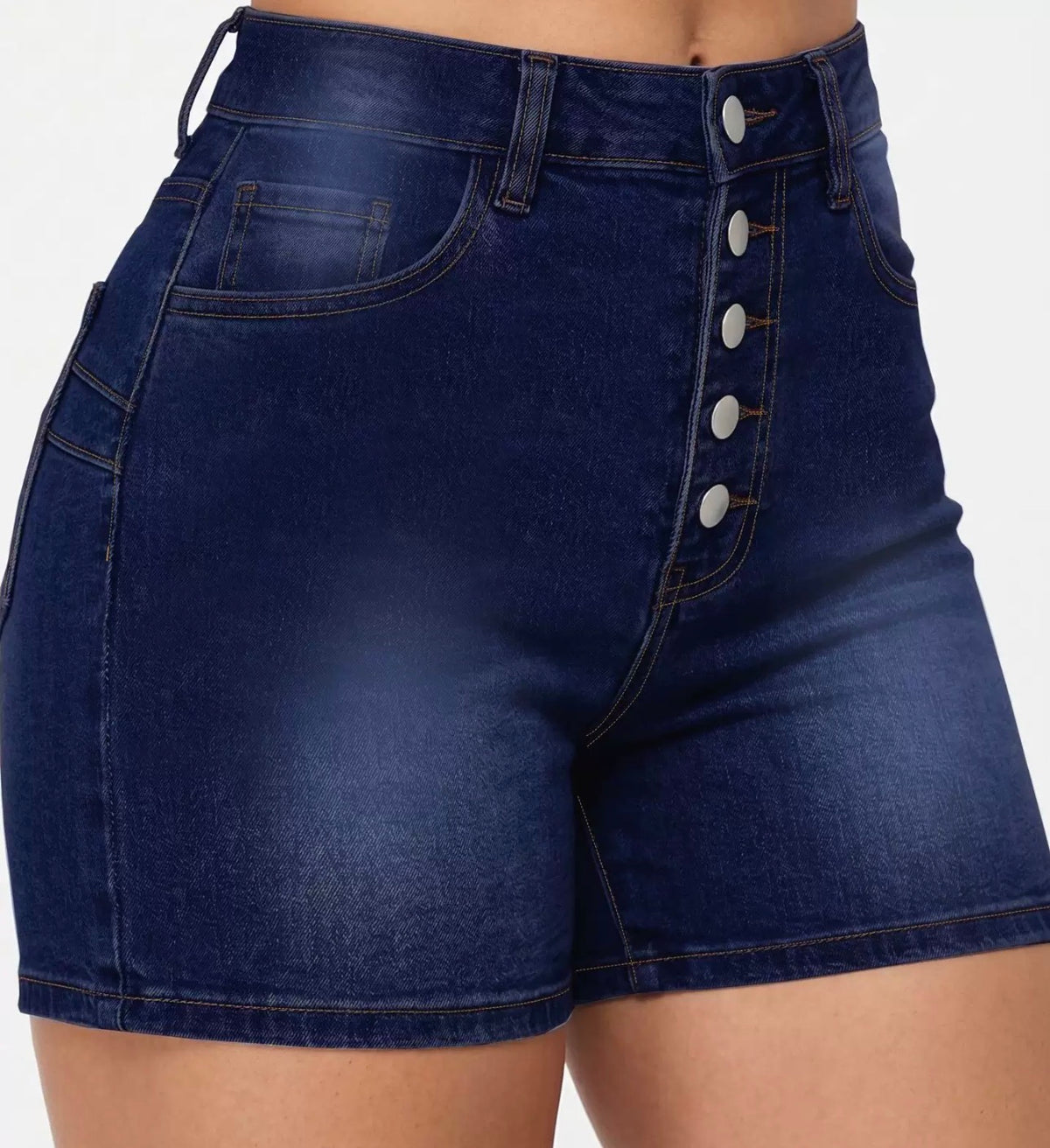 TJ Luxe High-Waist Button Denim Shorts – Dark Blue