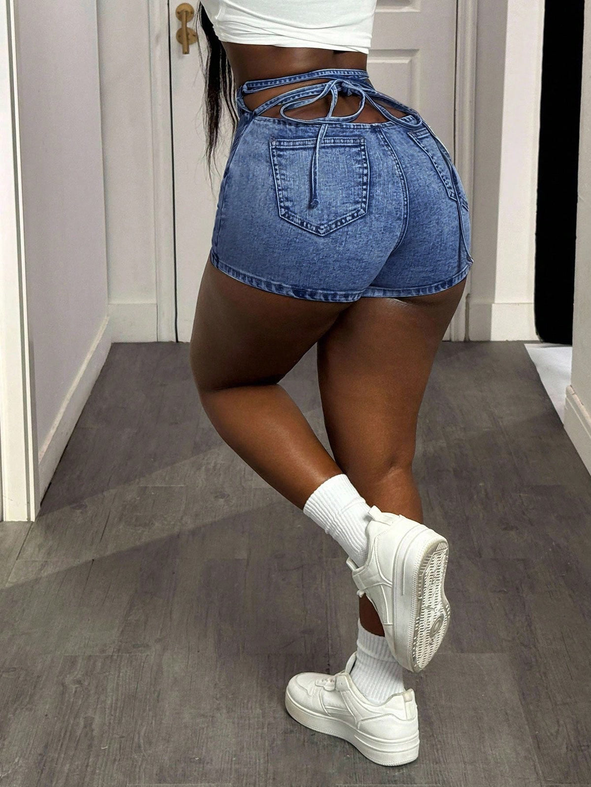 High-Waisted Lace-Up Denim Shorts