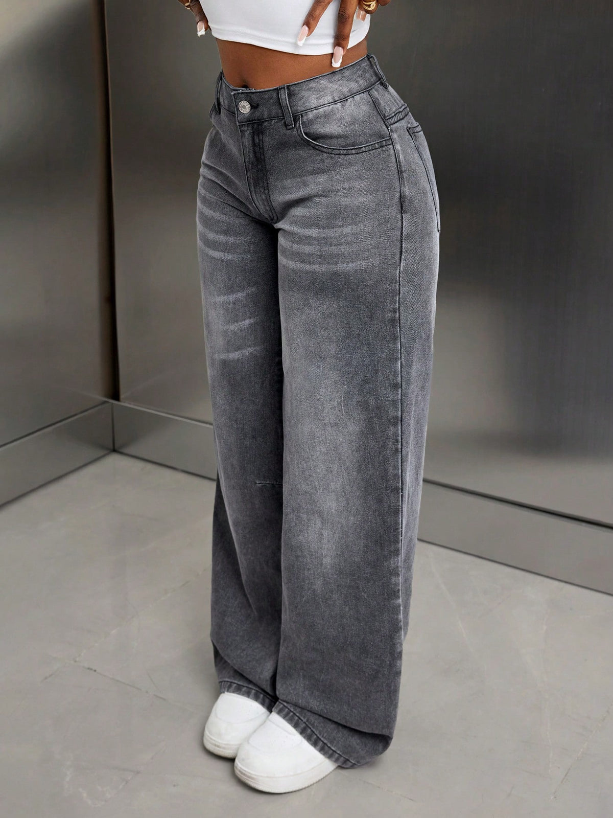 TJ Luxe High-Waist Wide-Leg Denim Jeans – Vintage Gray