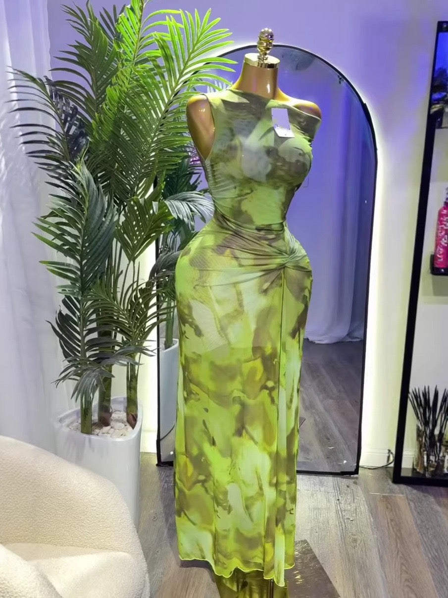 TJ Luxe One-Shoulder Ruched Maxi Dress – Elegant Printed Bodycon Gown