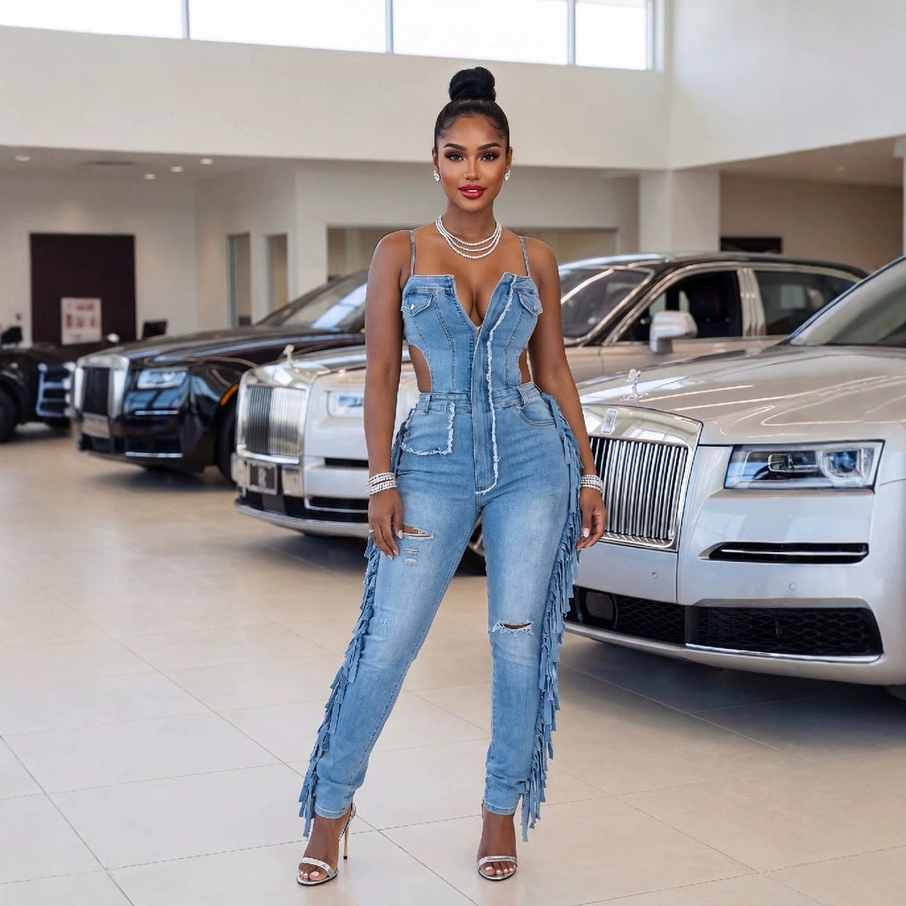 TJ Luxe Fringe Cutout Denim Jumpsuit