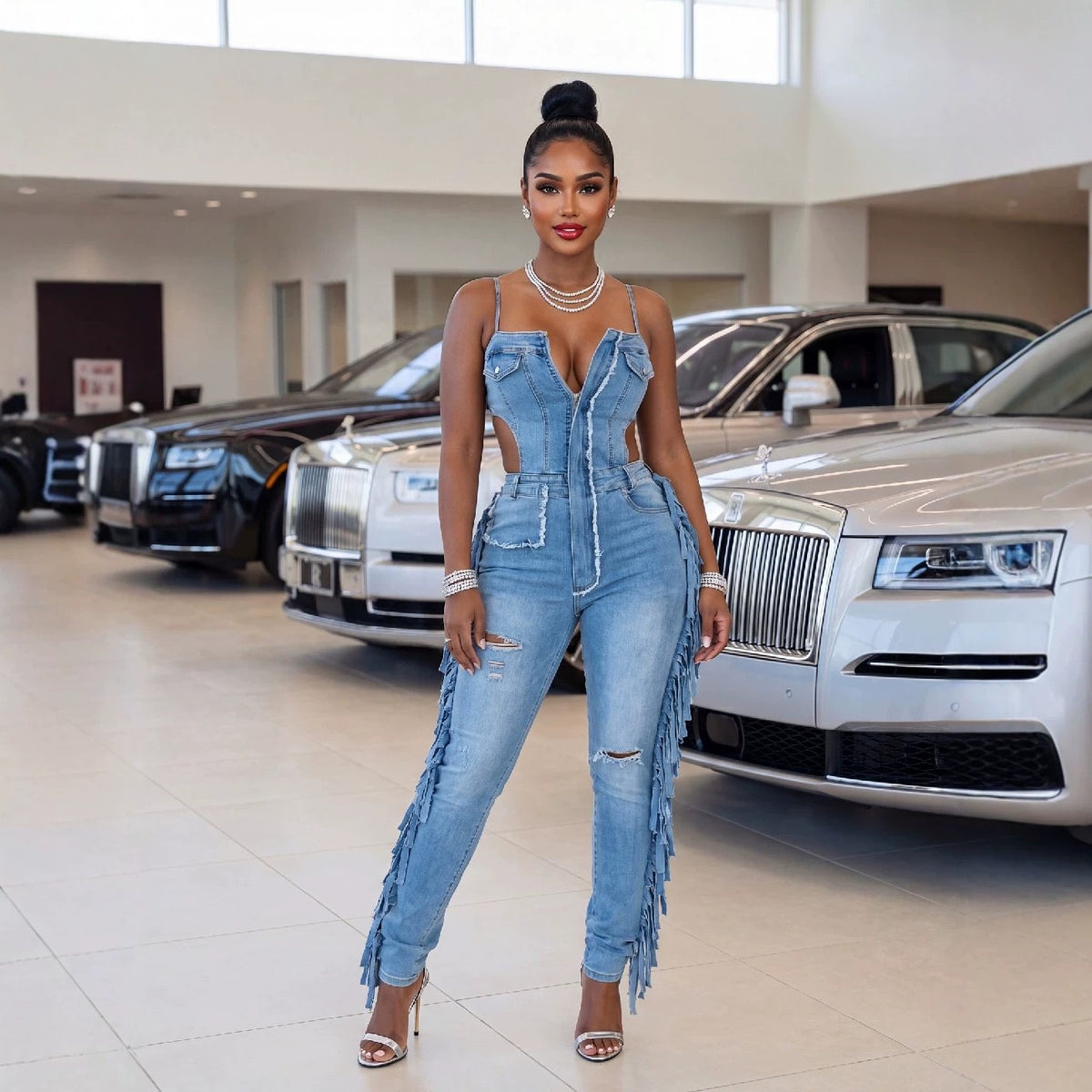 TJ Luxe Fringe Cutout Denim Jumpsuit