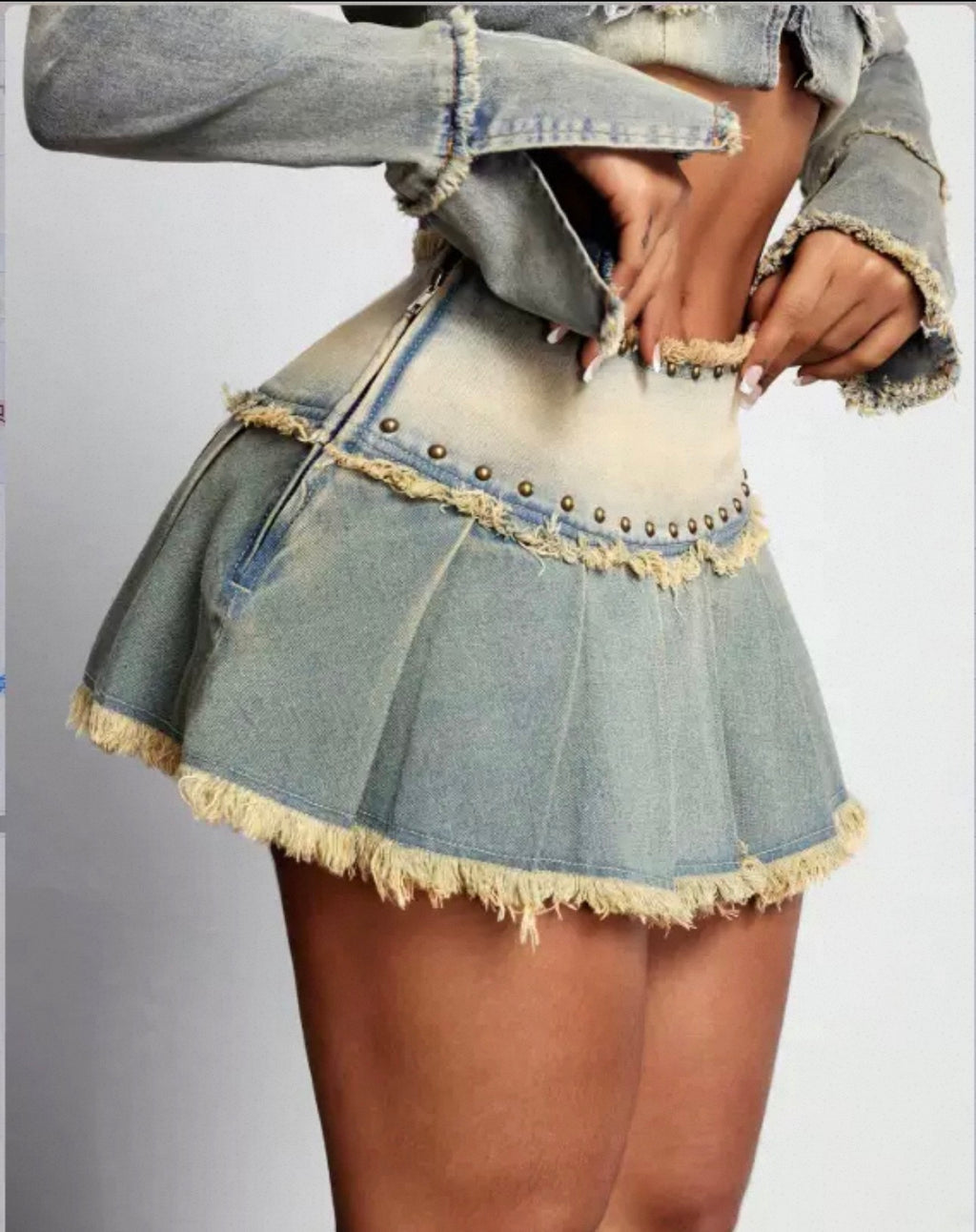 Vintage Frayed Pleated Denim Mini Skirt