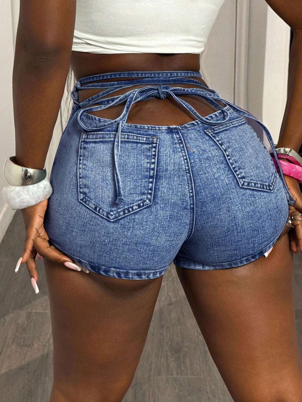 High-Waisted Lace-Up Denim Shorts
