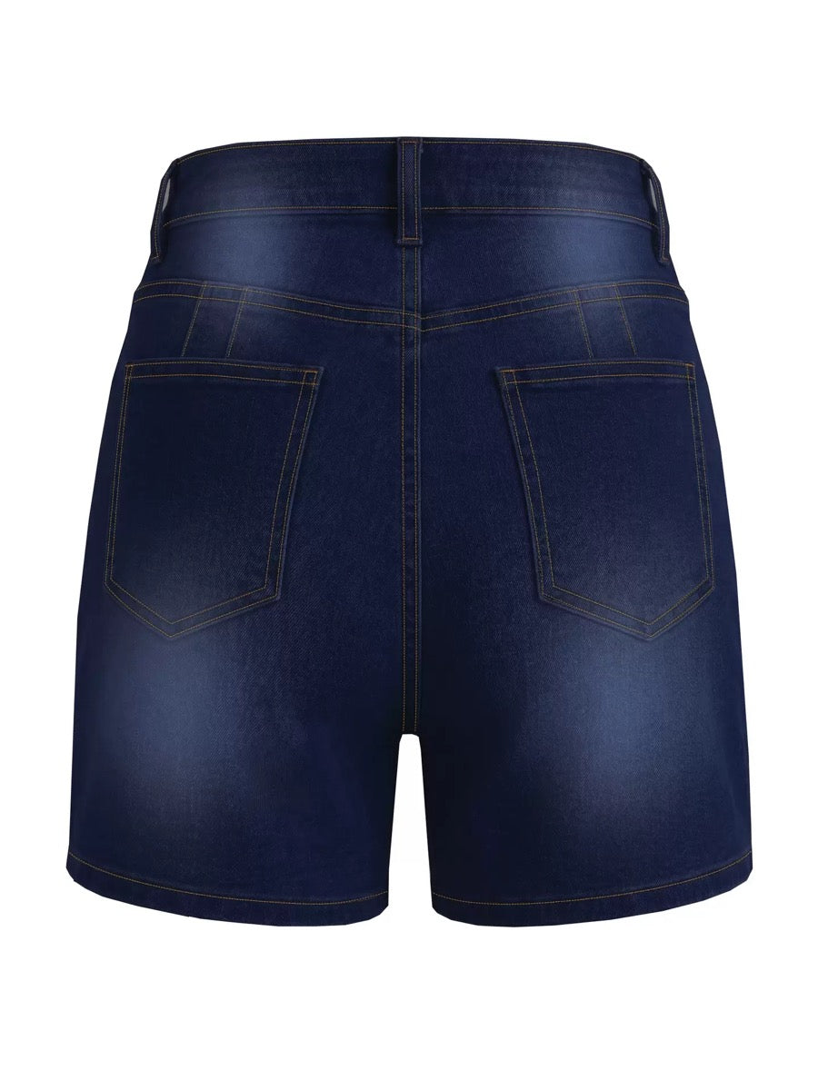 TJ Luxe High-Waist Button Denim Shorts – Dark Blue