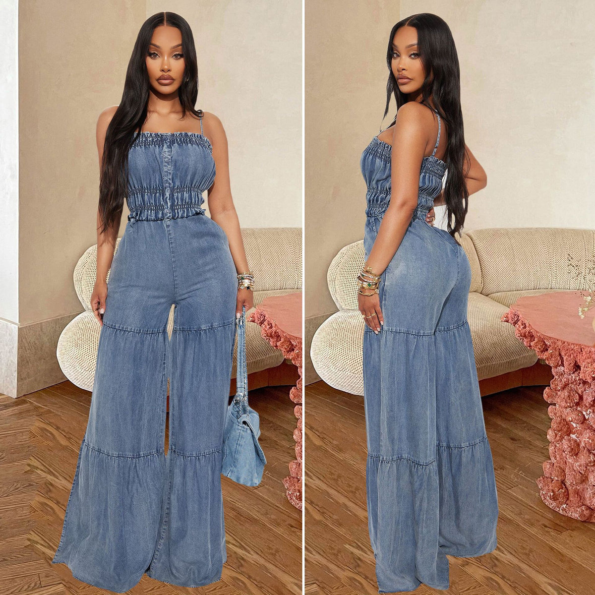 TJ Luxe Smocked Wide-Leg Denim Jumpsui