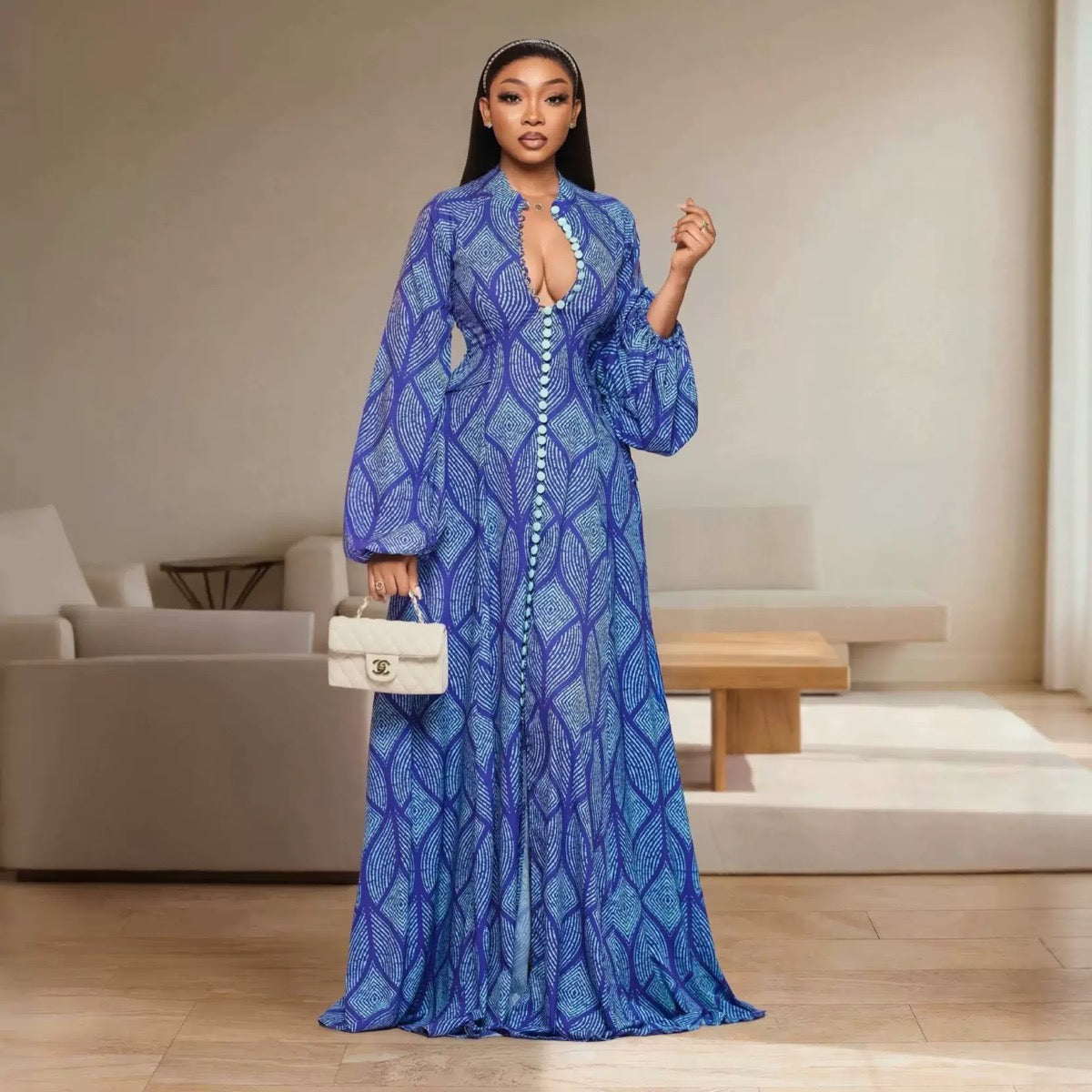 TJ Luxe Elegant Printed Button Front Maxi Dress – Long Sleeve Luxury Women’s Gown