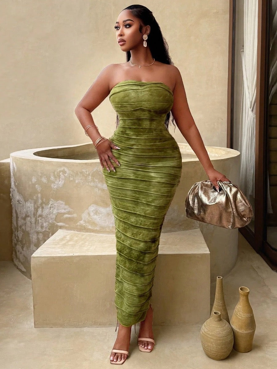 TJ Luxe Olive Ruched Strapless Maxi Dress