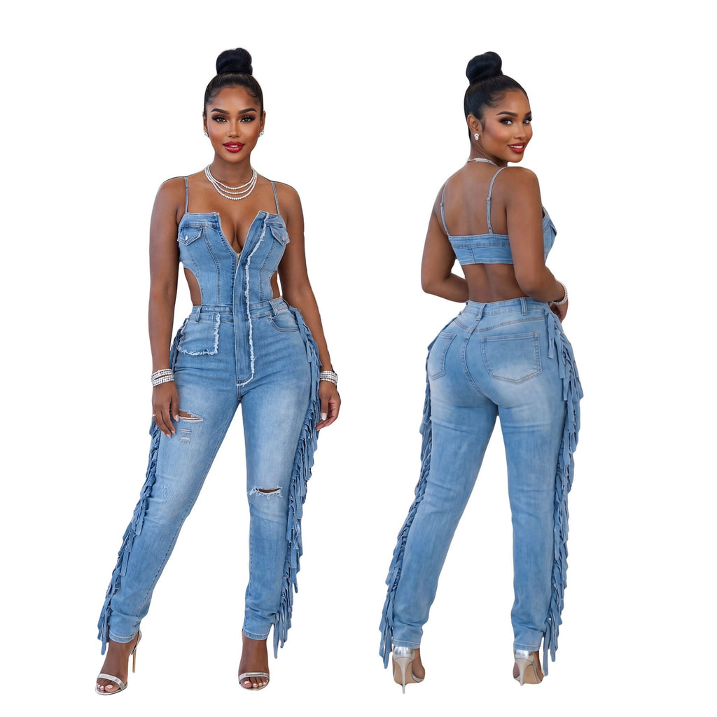TJ Luxe Fringe Cutout Denim Jumpsuit