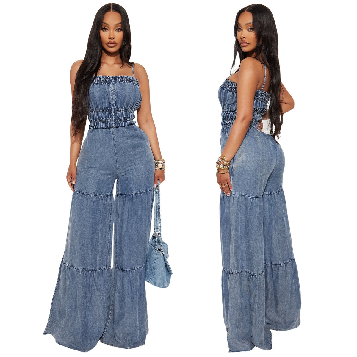TJ Luxe Smocked Wide-Leg Denim Jumpsui