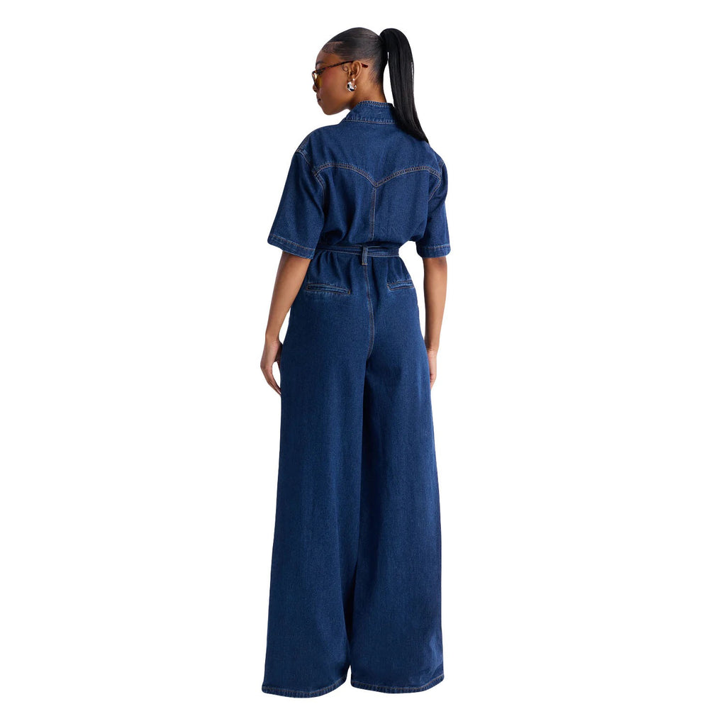 TJ Luxe Belted Wide-Leg Denim Jumpsuit