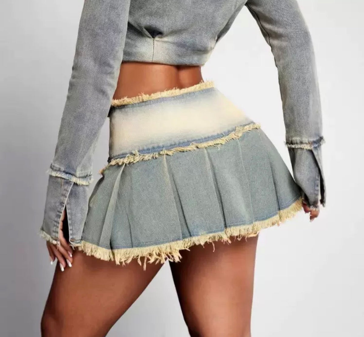 Vintage Frayed Pleated Denim Mini Skirt