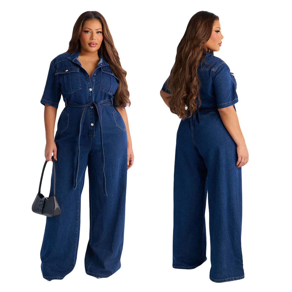 TJ Luxe Belted Wide-Leg Denim Jumpsuit
