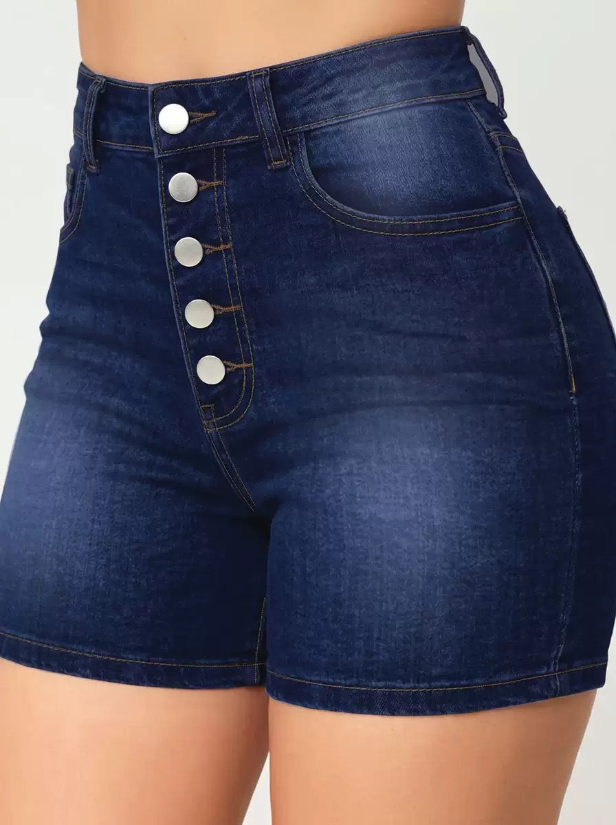 TJ Luxe High-Waist Button Denim Shorts – Dark Blue