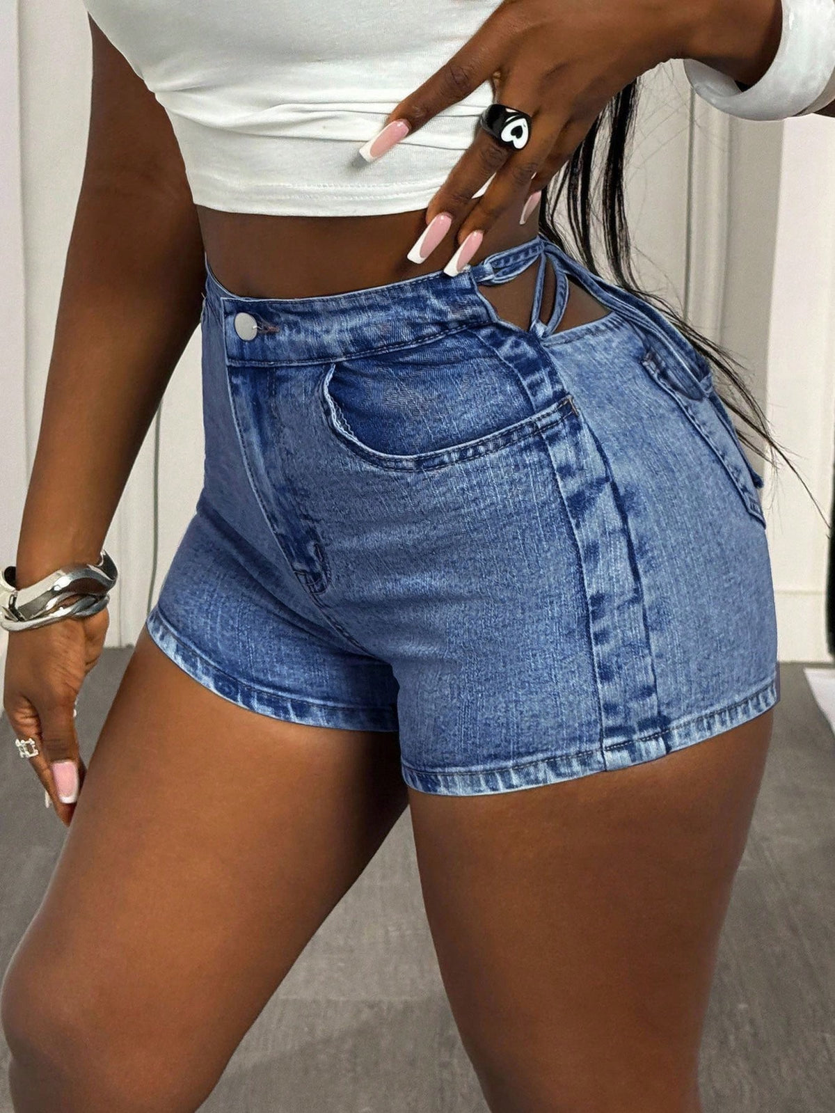 High-Waisted Lace-Up Denim Shorts