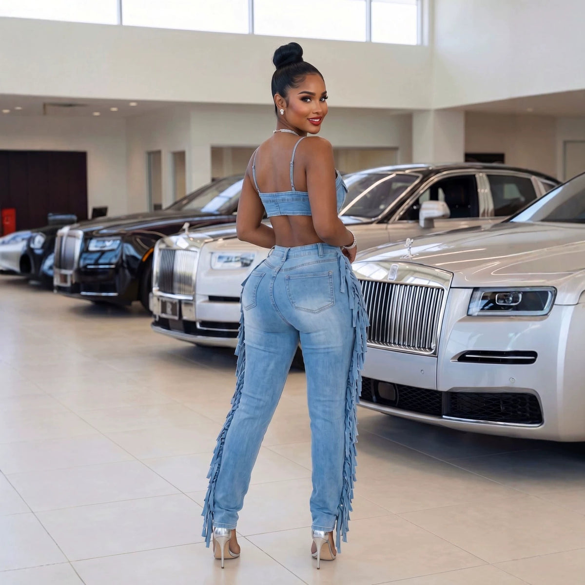 TJ Luxe Fringe Cutout Denim Jumpsuit