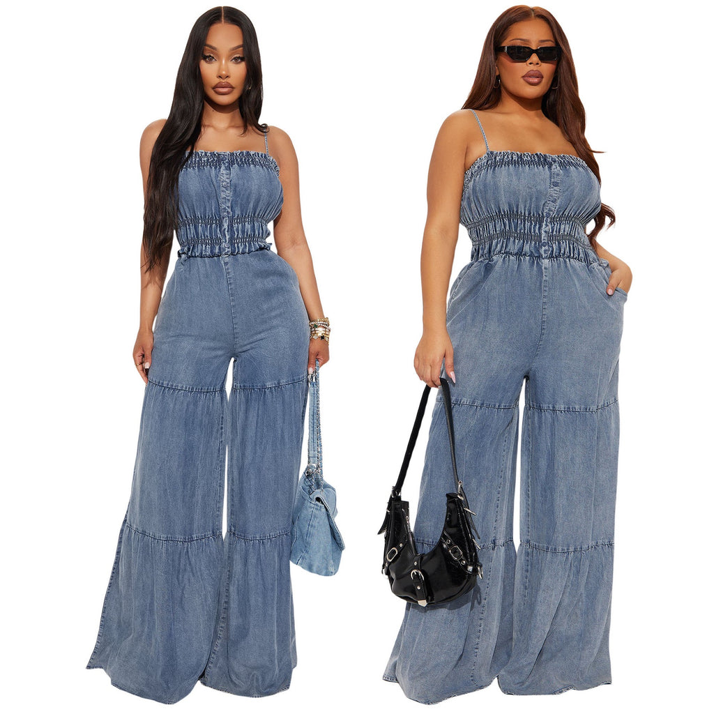 TJ Luxe Smocked Wide-Leg Denim Jumpsui