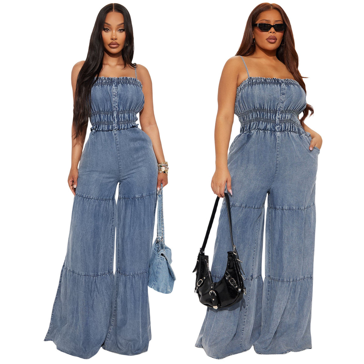 TJ Luxe Smocked Wide-Leg Denim Jumpsui