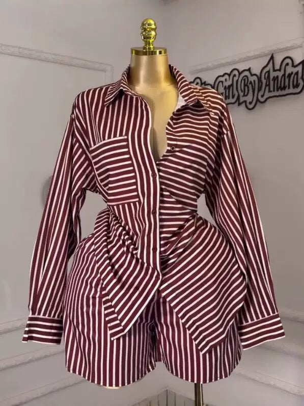 Women’s Striped Two-Piece Shirt & High-Waisted Shorts Set – Brick Red