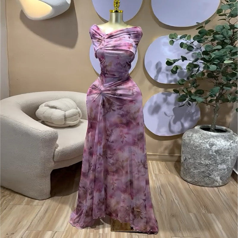 TJ Luxe Floral One-Shoulder Maxi Dress – Elegant Ruched Evening Gown