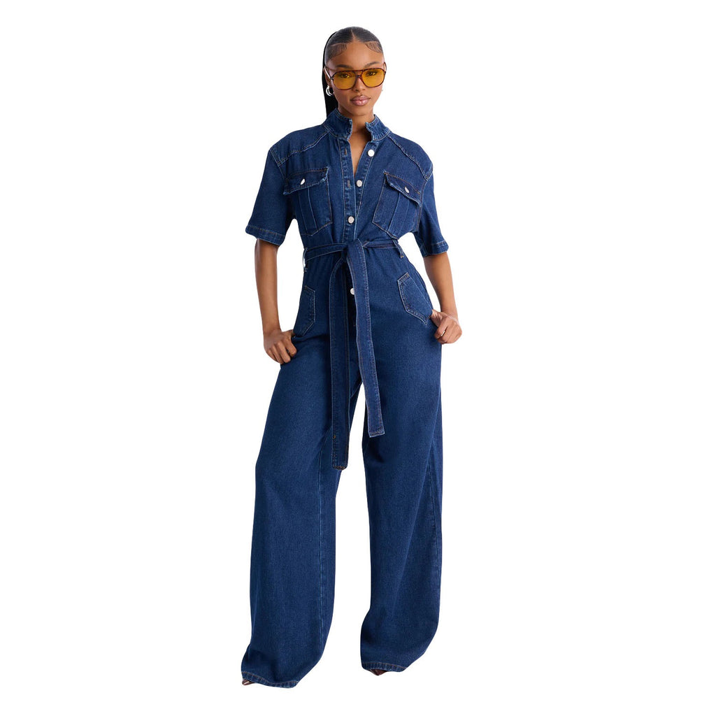 TJ Luxe Belted Wide-Leg Denim Jumpsuit