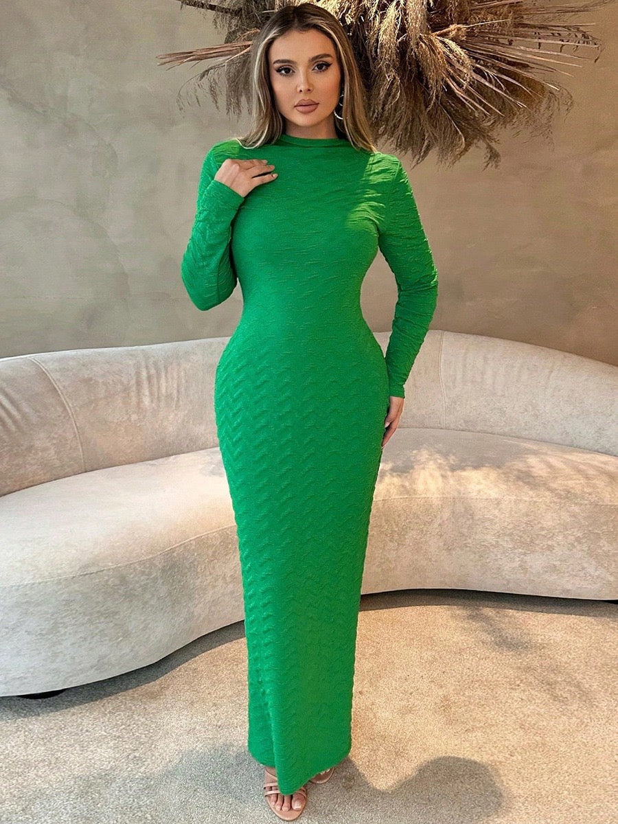 Elegant Long Sleeve Bodycon Maxi Dress – Round Neck Stretch Knit