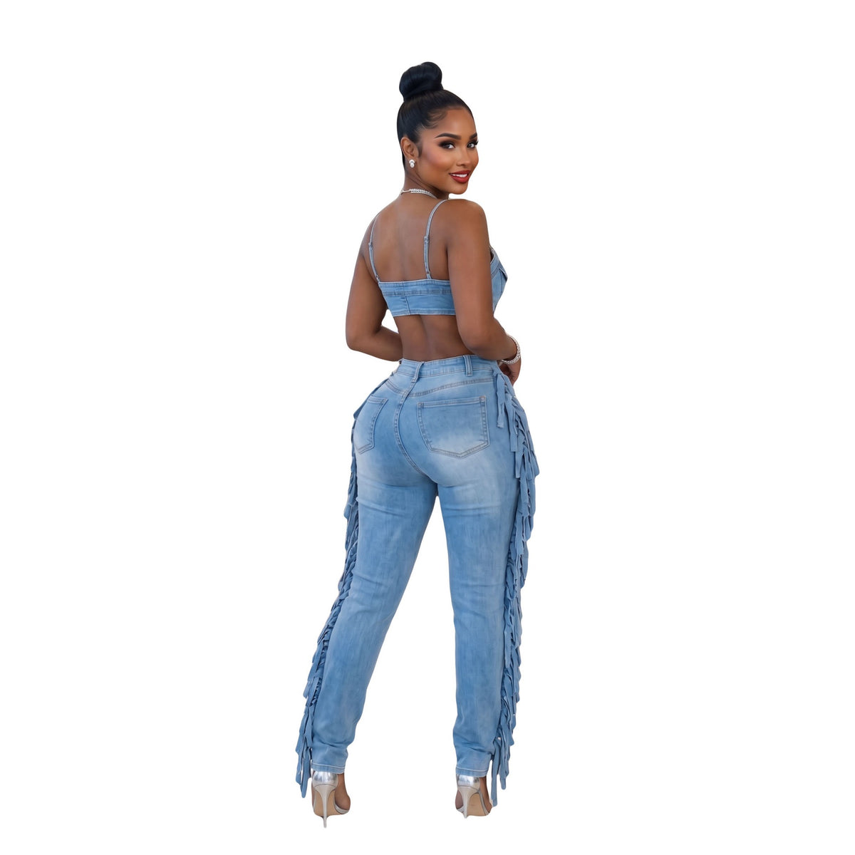 TJ Luxe Fringe Cutout Denim Jumpsuit