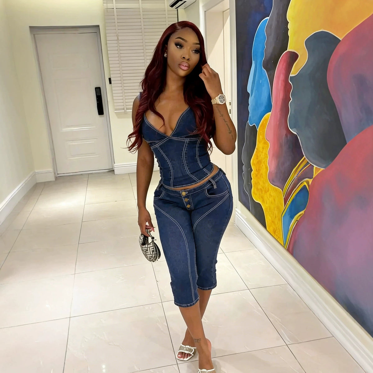 TJ Luxe Denim Corset Capri Set