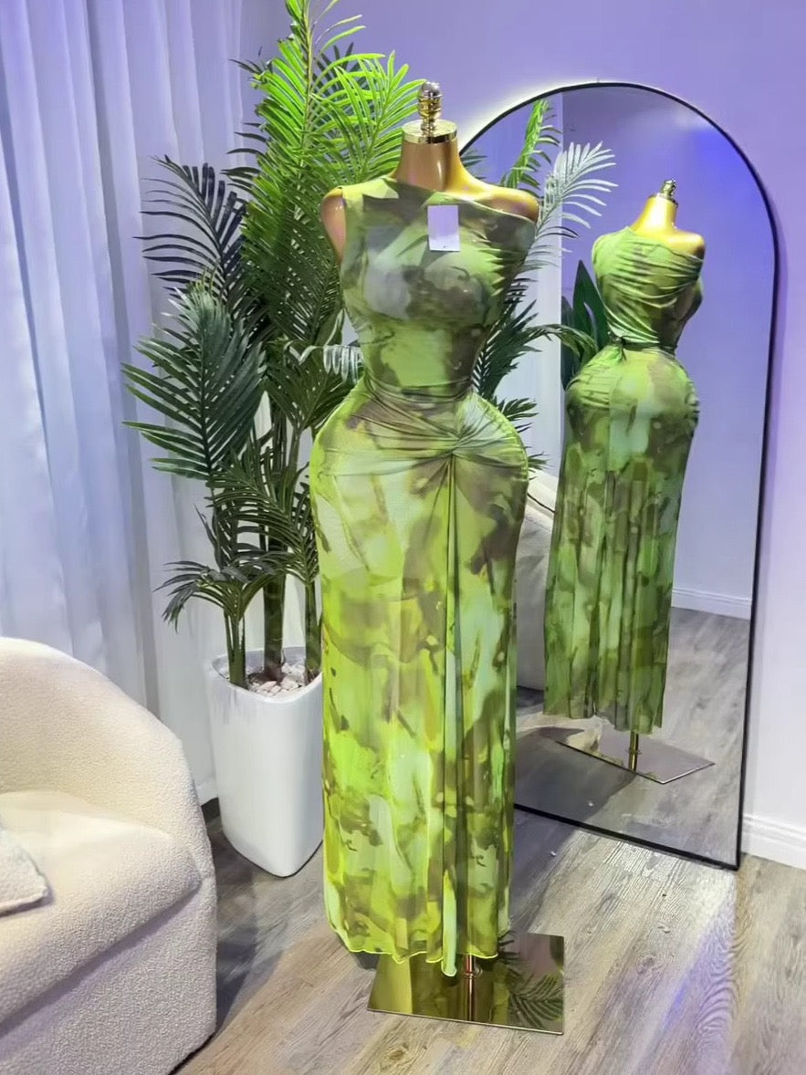 TJ Luxe One-Shoulder Ruched Maxi Dress – Elegant Printed Bodycon Gown