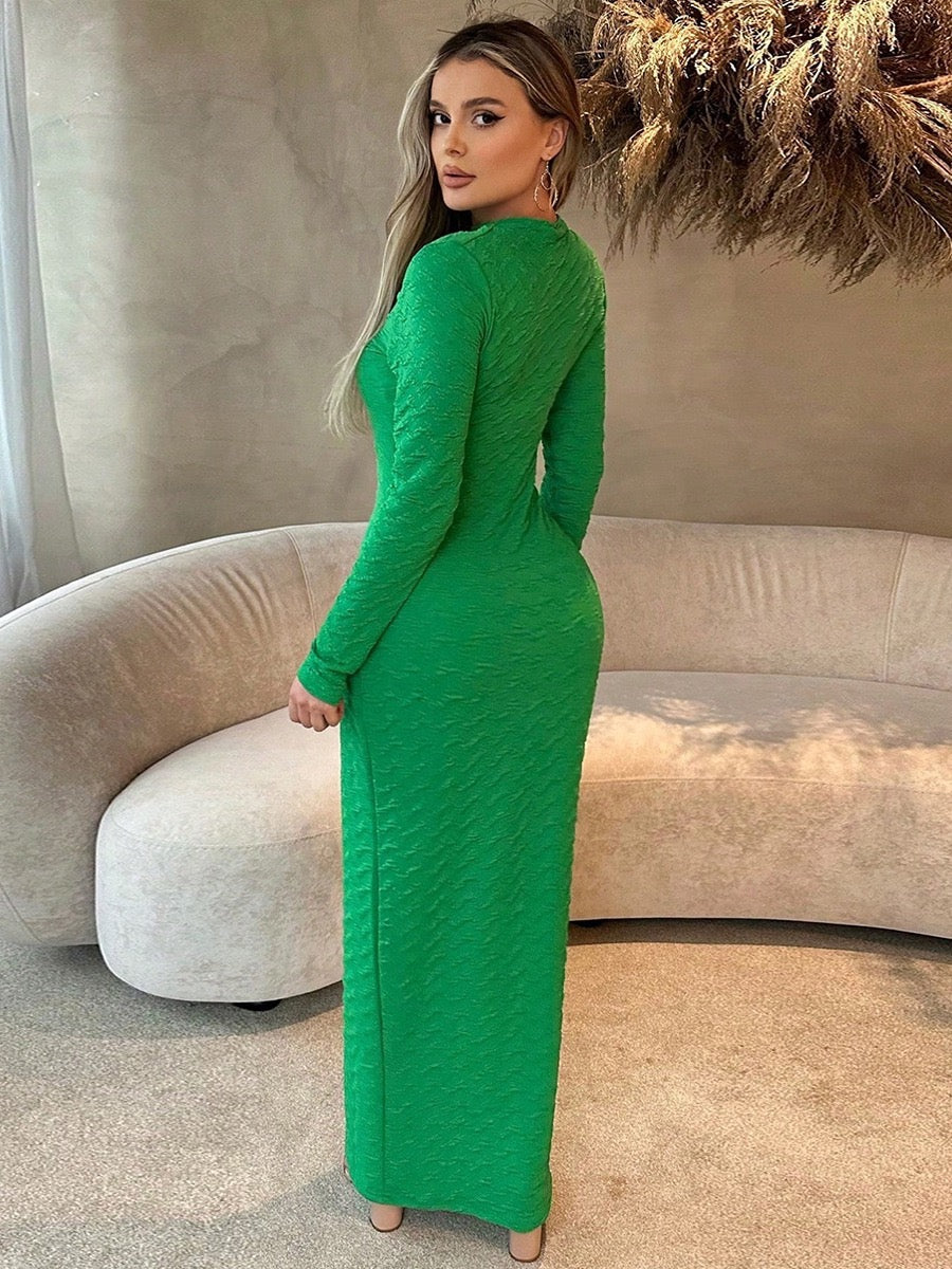 Elegant Long Sleeve Bodycon Maxi Dress – Round Neck Stretch Knit