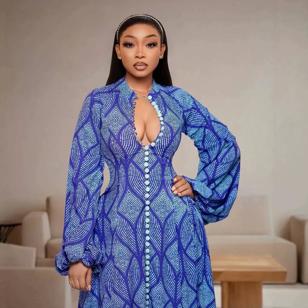 TJ Luxe Elegant Printed Button Front Maxi Dress – Long Sleeve Luxury Women’s Gown